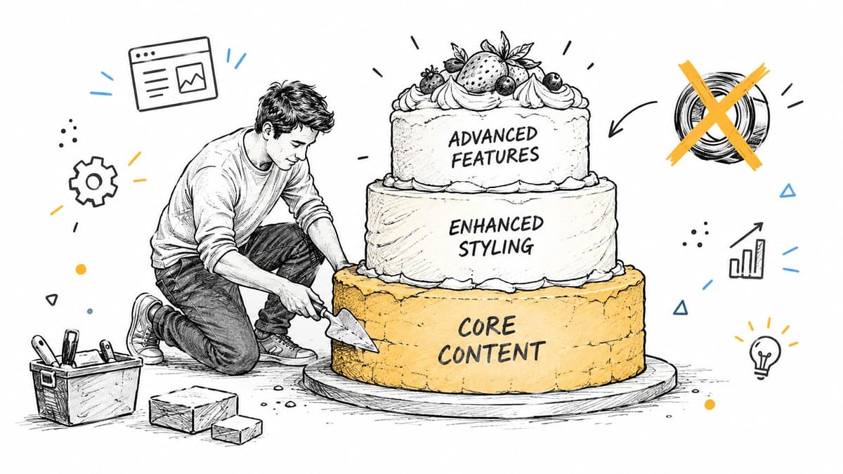 A person builds a layered cake representing web development, symbolizing core content, styling, and advanced features.
