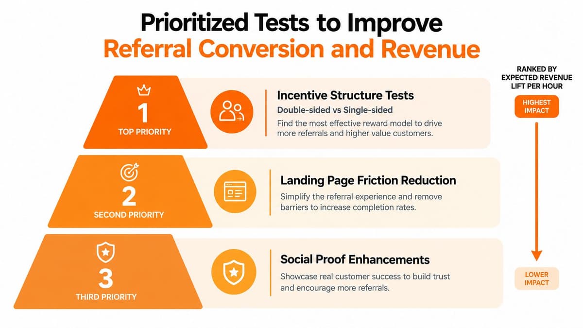 A pyramid chart showing three prioritized tests for improving referral program conversion rates and overall business revenue.