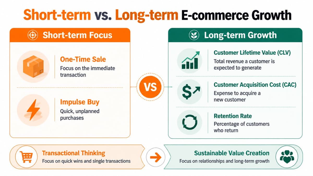 An infographic comparing short-term transactional e-commerce tactics versus long-term growth strategies and customer value metrics.