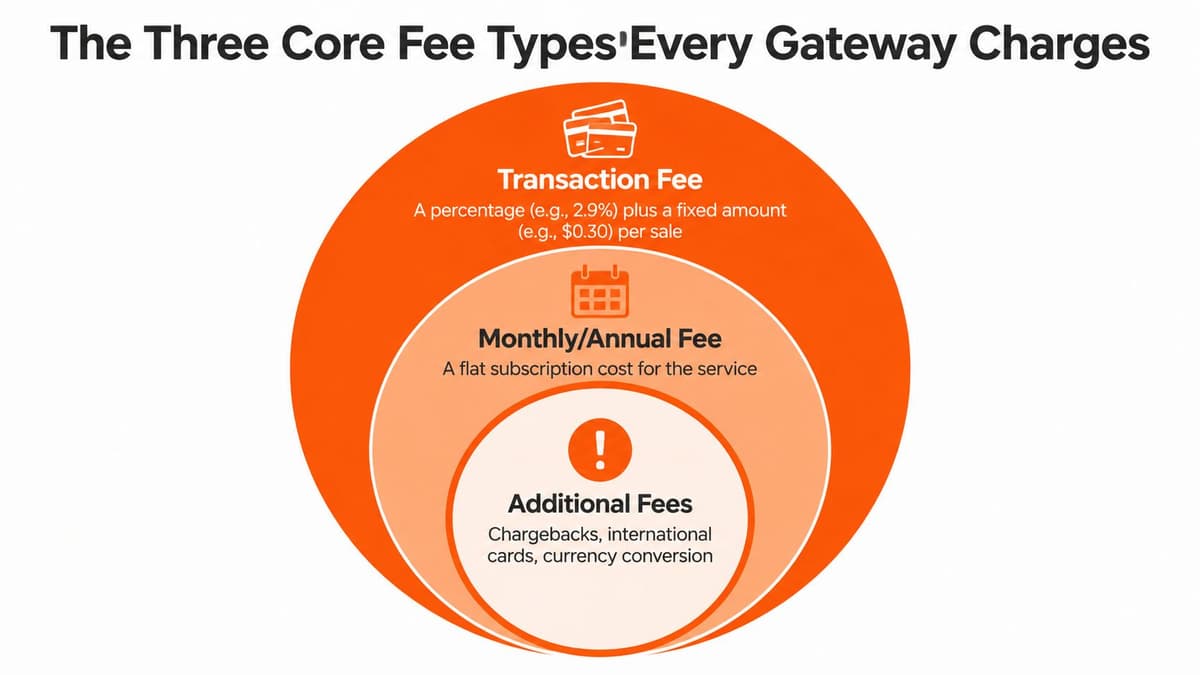 A diagram illustrating the three main types of payment gateway fees: transaction, subscription, and additional fees.