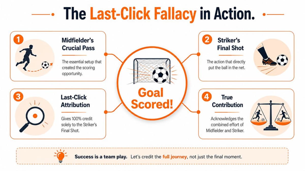 A diagram explaining the last-click attribution fallacy using a soccer goal metaphor and team contribution.