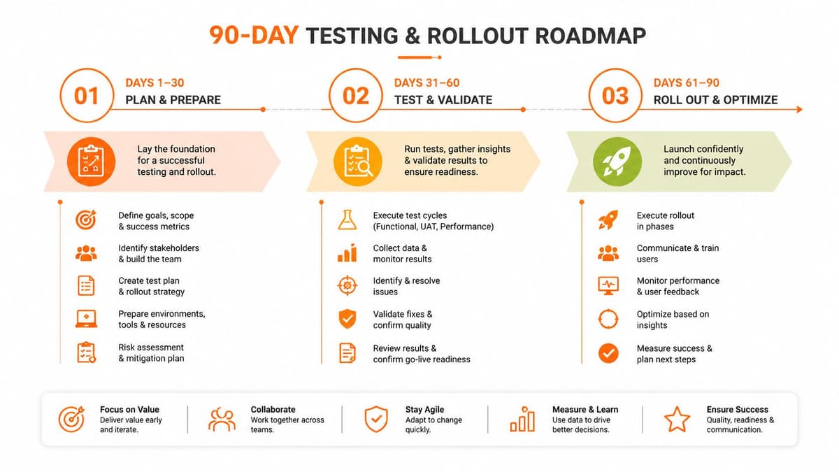 A 90-day testing and rollout roadmap infographic detailing key phases for planning, testing, and implementation strategies.