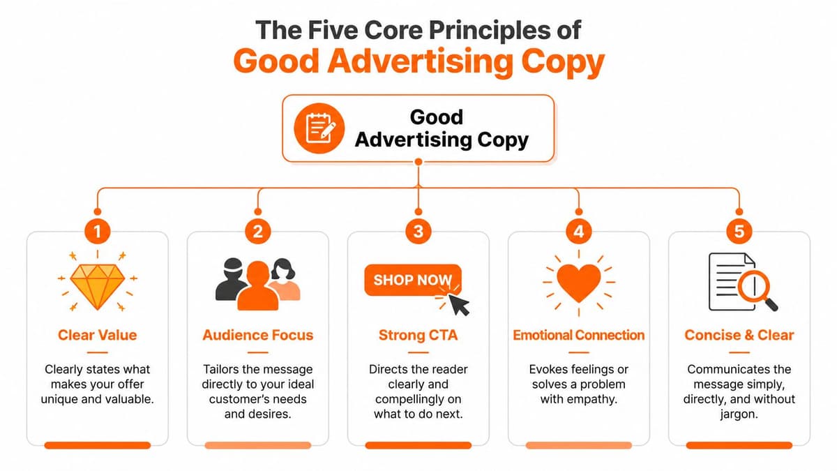 A diagram outlining the five core principles of good advertising copy, including clear value, audience focus, and emotional connection.