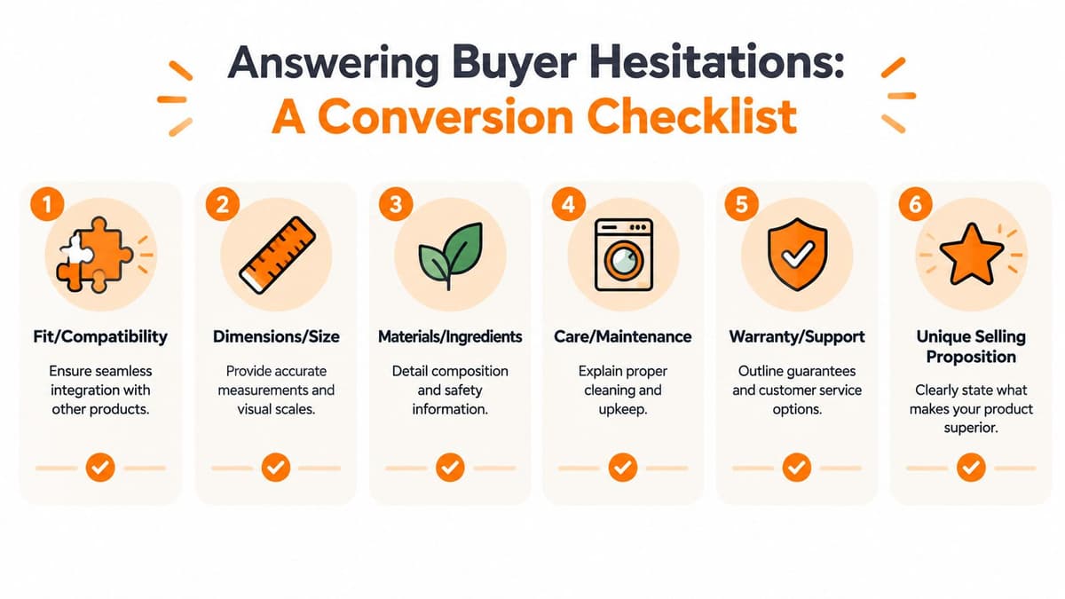 A six-point infographic checklist for answering buyer hesitations on e-commerce product detail pages.