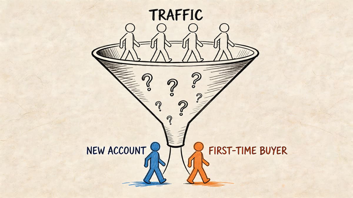 A conceptual drawing of a funnel filtering website traffic into new accounts and first-time buyer customers.