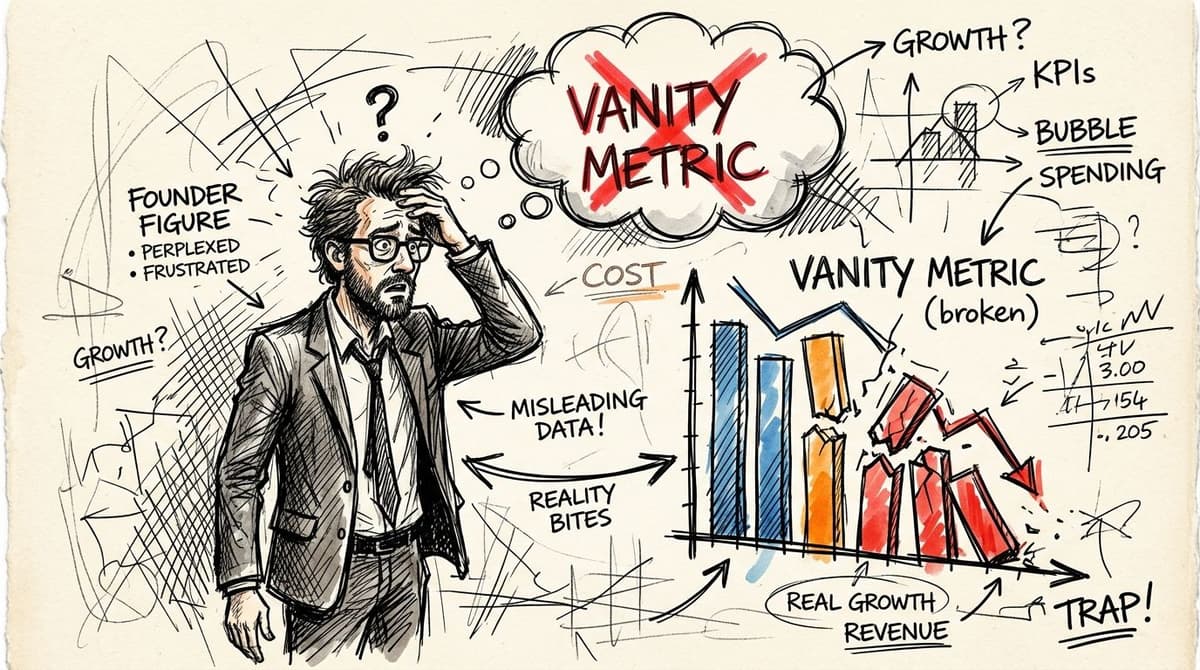 A confused founder looks at a broken business chart representing the misleading nature of vanity metrics.