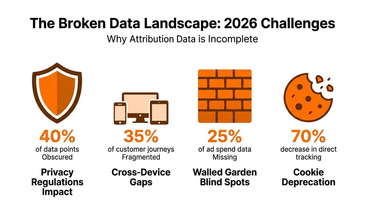 An infographic titled The Broken Data Landscape illustrating four key challenges in marketing attribution for 2026.
