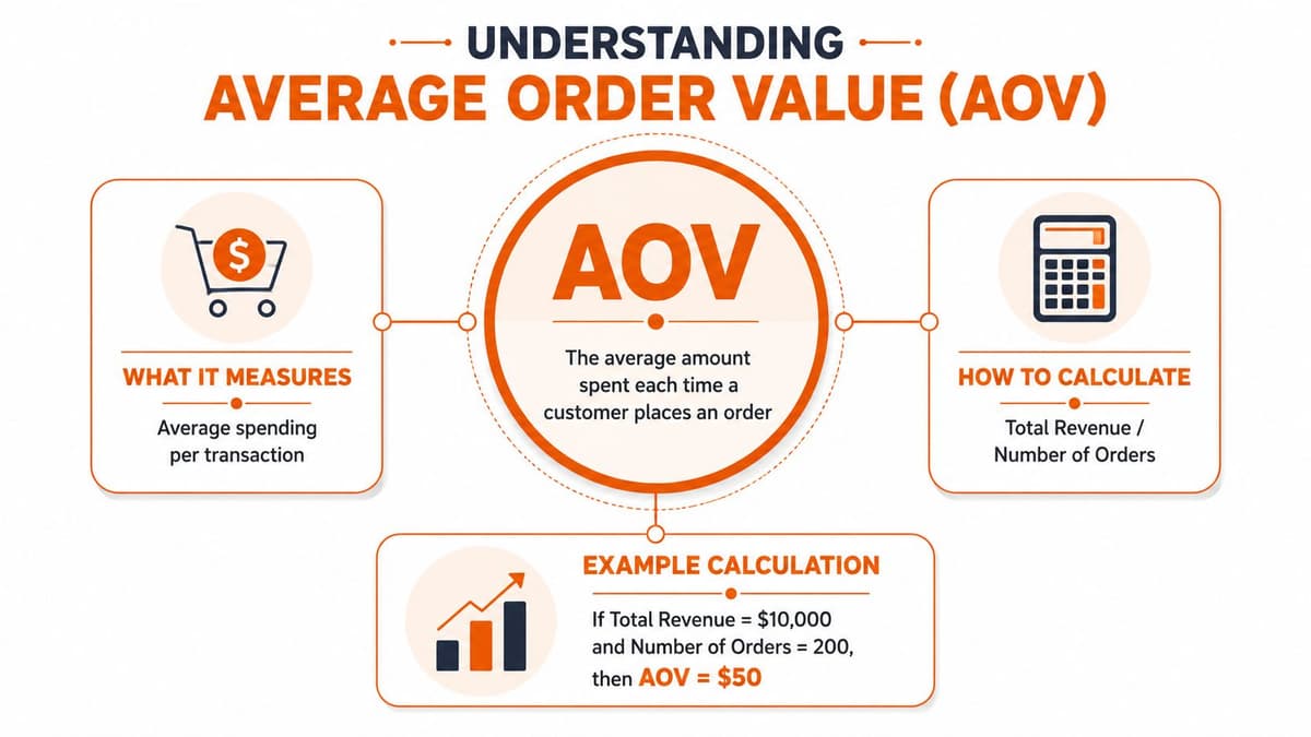 An infographic explaining the concept of Average Order Value, its calculation formula, and a practical example calculation.