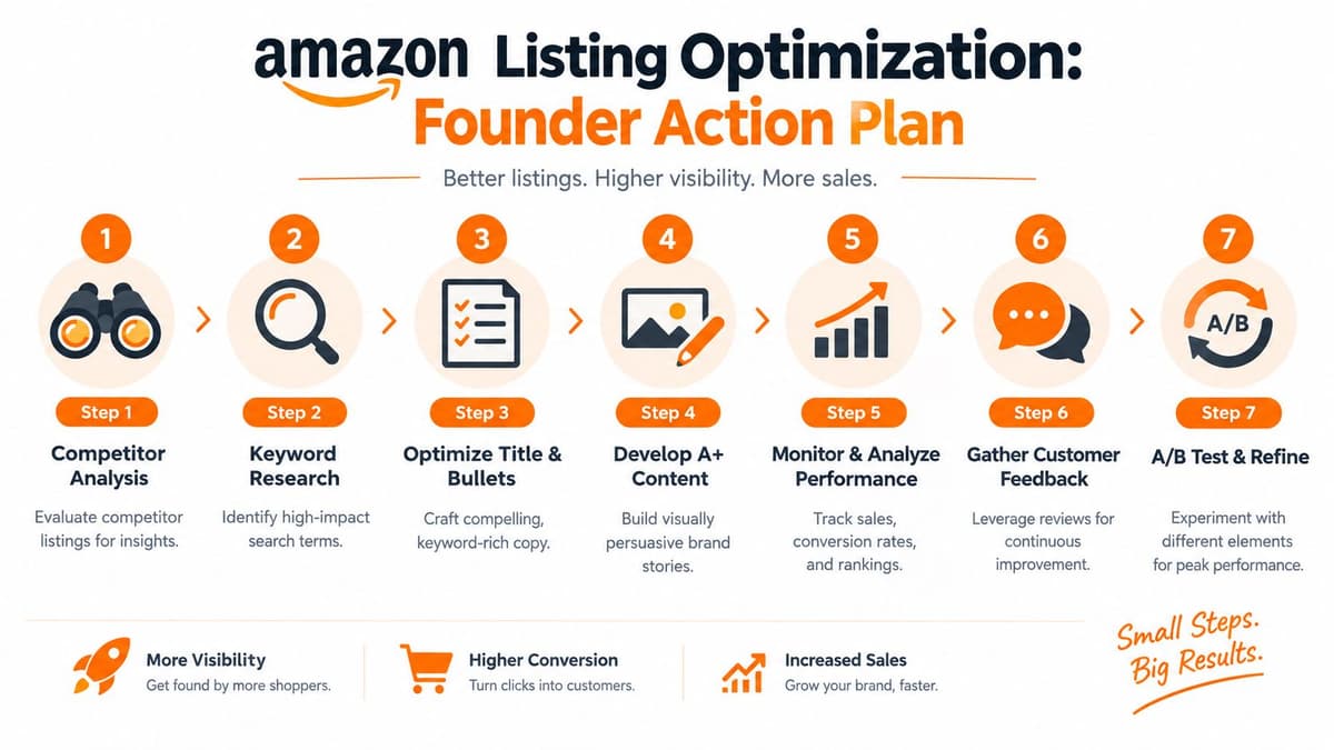 A seven-step guide for Amazon listing optimization to improve visibility, conversions, and overall sales for sellers.