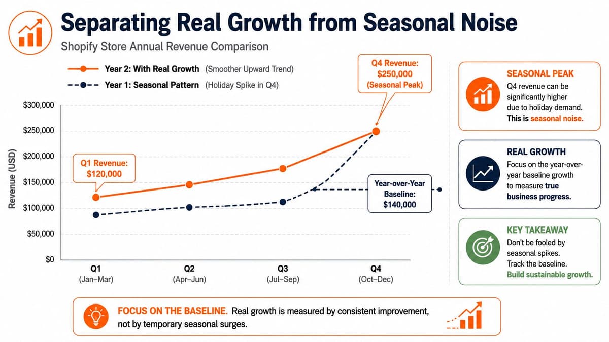 A chart illustrating the difference between temporary seasonal revenue spikes and consistent year-over-year business growth.