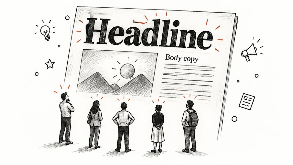 A sketched illustration of five people standing and looking up at a giant newspaper page.