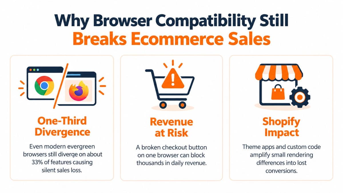 An infographic showing how browser compatibility issues impact ecommerce revenue with three key problem areas highlighted.