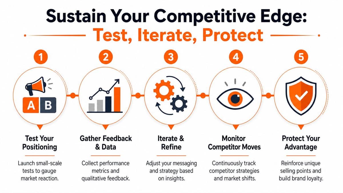 A five-step infographic showing how to sustain your competitive edge through testing, iterating, and protecting strategies.