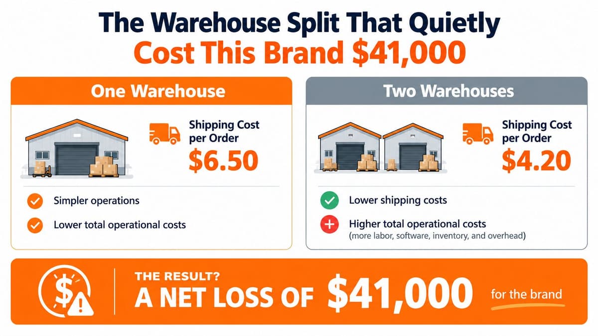 An infographic comparing the costs and operational impacts of using one warehouse versus two warehouses for logistics.