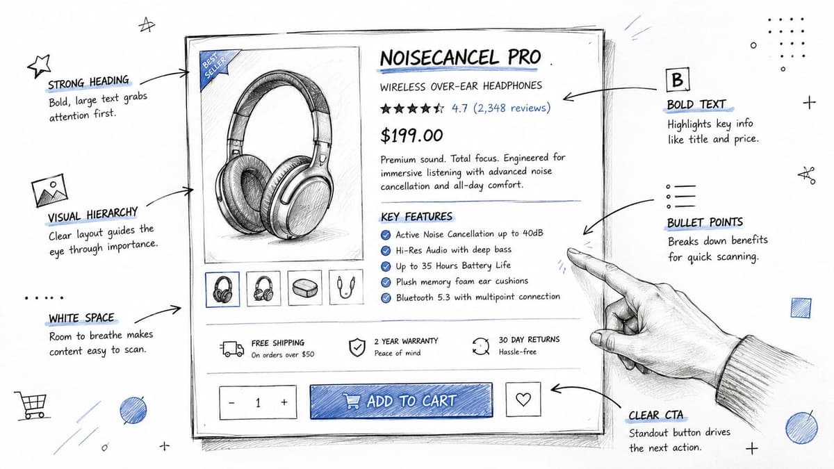 A hand-drawn sketch illustration showing best practices for designing a highly effective e-commerce product page.