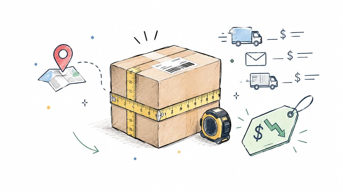 A sketched illustration of a shipping box being measured, representing efficient package dimension calculation and logistics cost reduction.