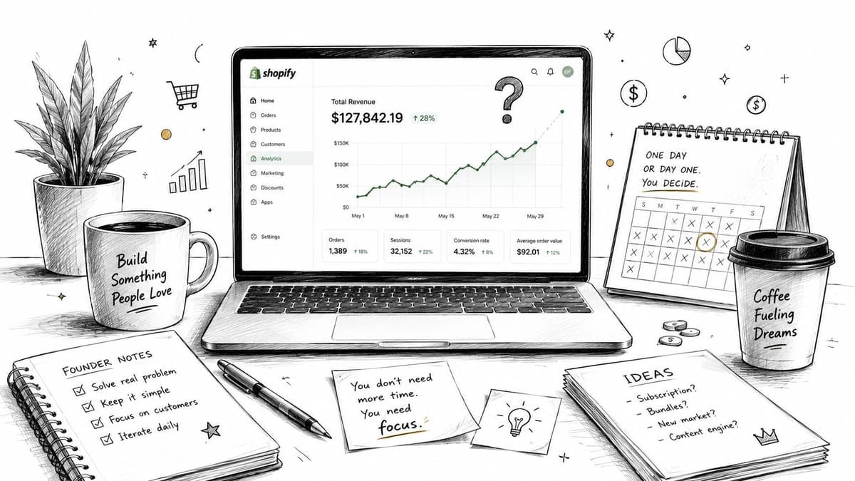 A professional desk with a laptop displaying Shopify analytics alongside founder notes, a calendar, and coffee.