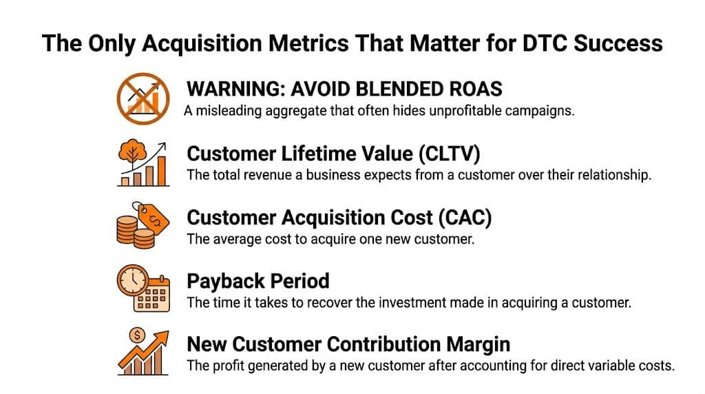 A graphic listing essential DTC success metrics including CLTV, CAC, Payback Period, and New Customer Contribution Margin.