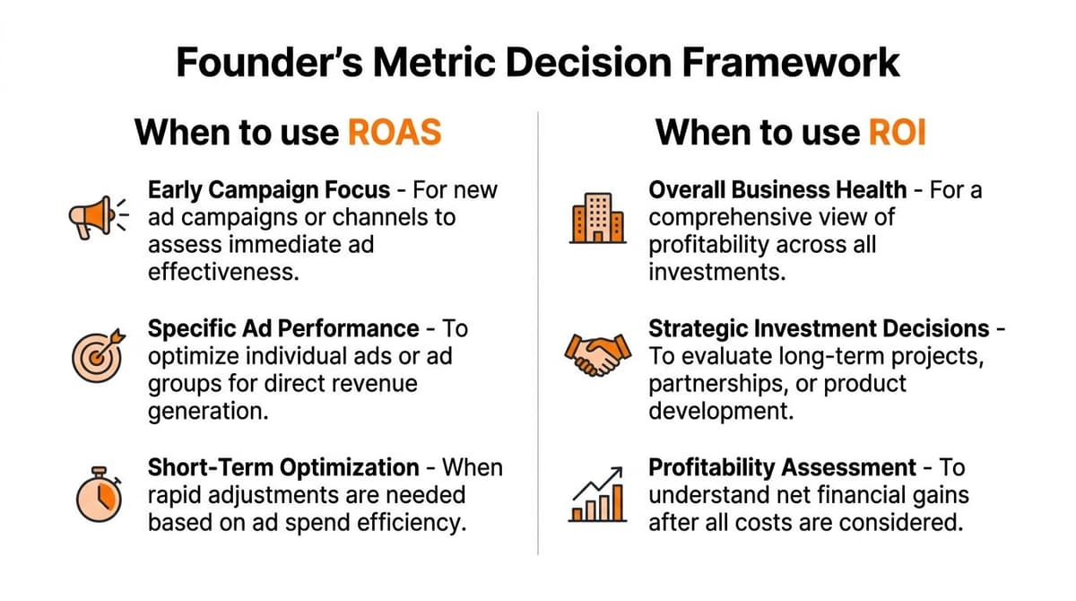 A comparison chart outlining when business founders should use ROAS versus ROI metrics for decision-making.