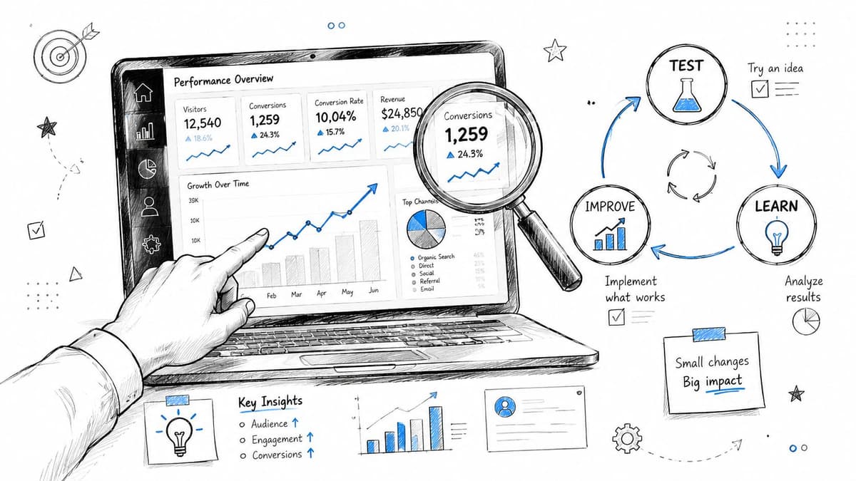A hand interacting with a laptop displaying digital marketing analytics, growth charts, and a cyclical improvement process illustration.