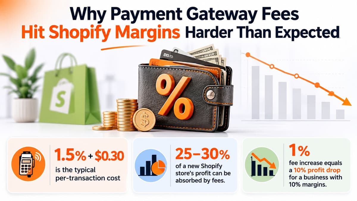 An infographic showing how payment gateway fees reduce Shopify store profit margins with icons and financial data.