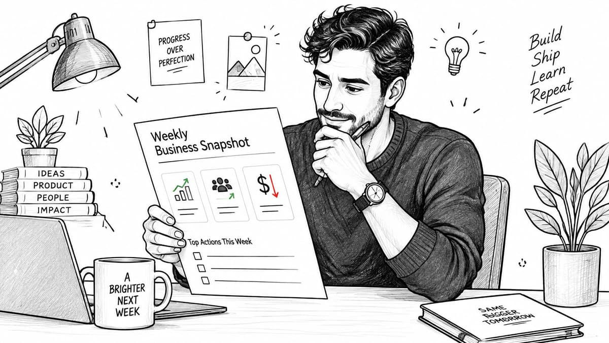 A professional man reviewing a weekly business report at his desk with office stationery and motivational notes.