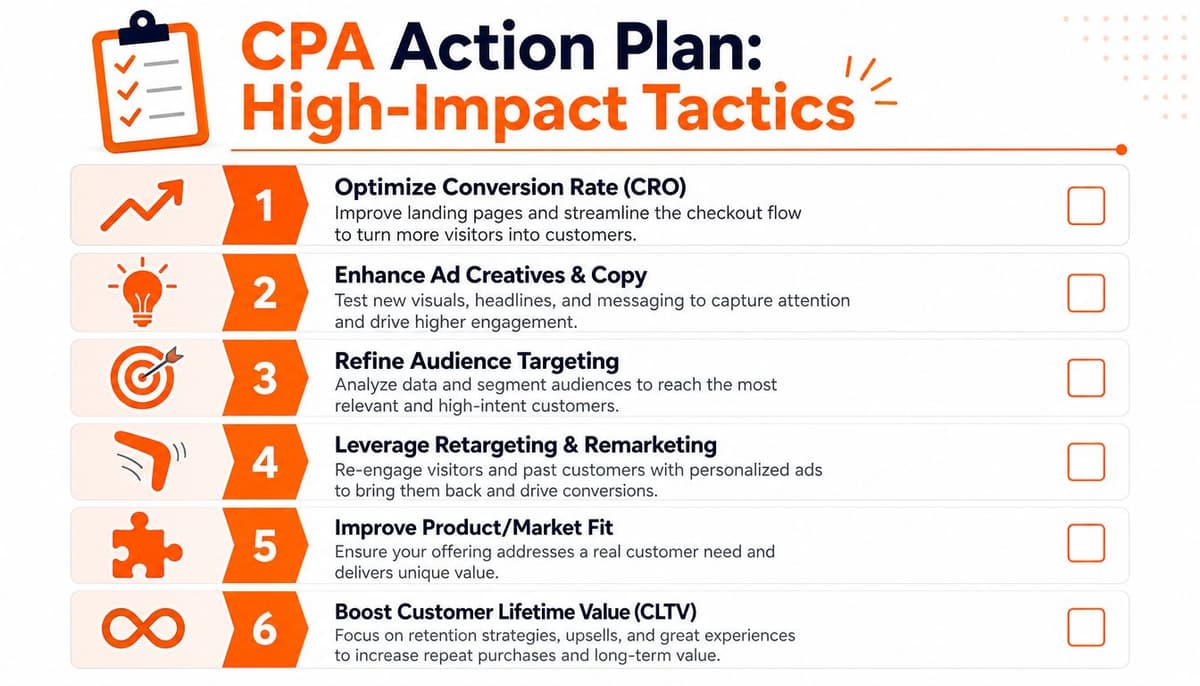 A checklist infographic titled CPA Action Plan detailing six high-impact strategies for improving marketing conversion efficiency.