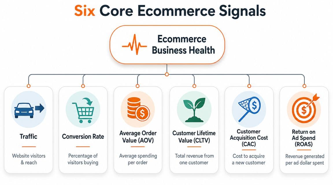 A diagram illustrating six core ecommerce signals used to measure overall online business health and performance.
