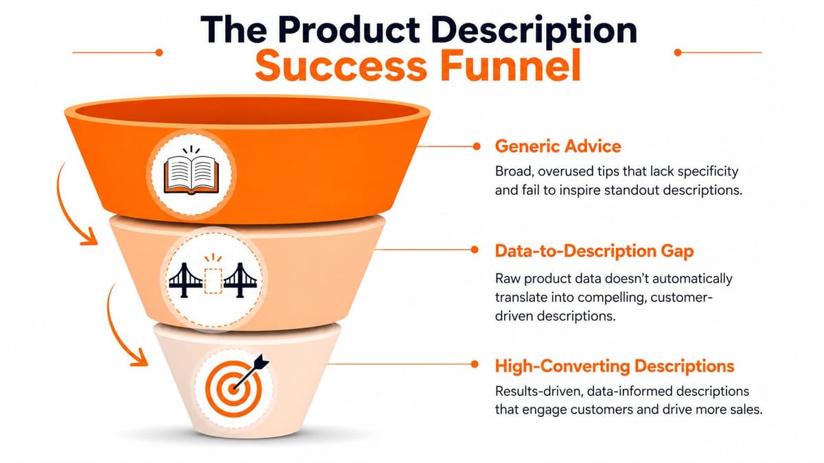 A funnel diagram illustrating the stages of creating effective and high-converting product descriptions for e-commerce businesses.