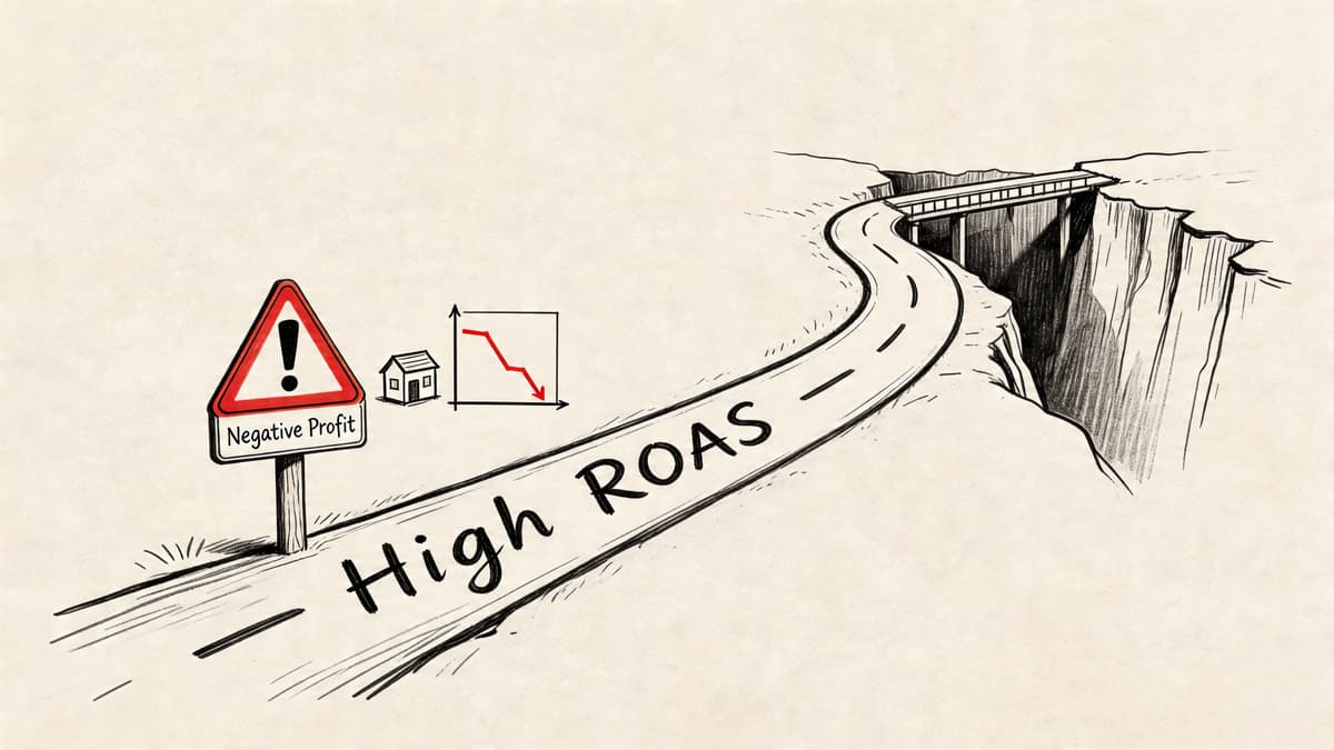 A conceptual drawing showing a road labeled High ROAS leading to a cliff with a warning sign.
