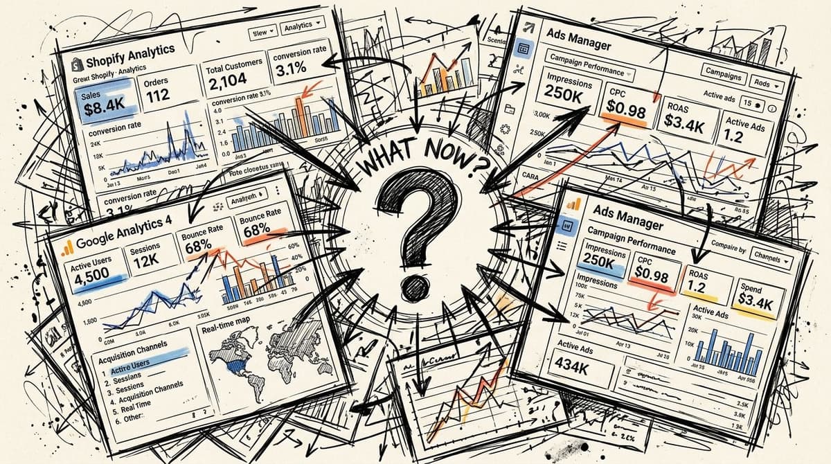 A hand-drawn illustration showing multiple marketing analytics dashboards surrounding a large question mark with arrows pointing inward.