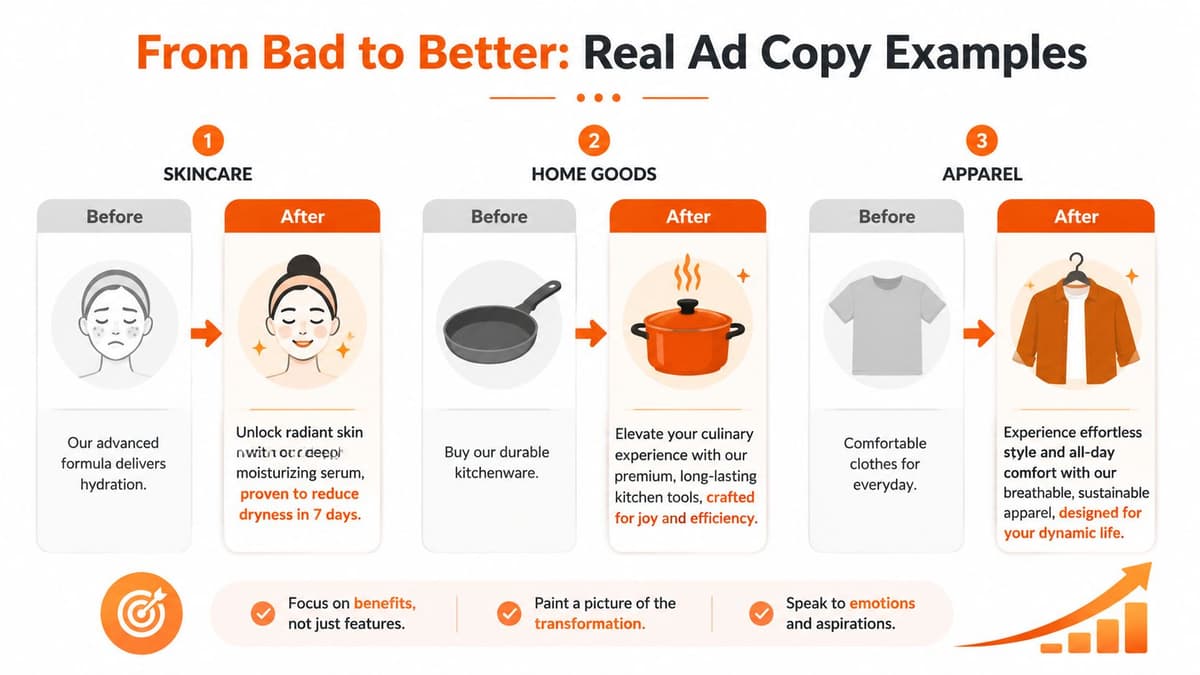 A visual guide comparing before and after advertising copy for skincare, home goods, and apparel products.