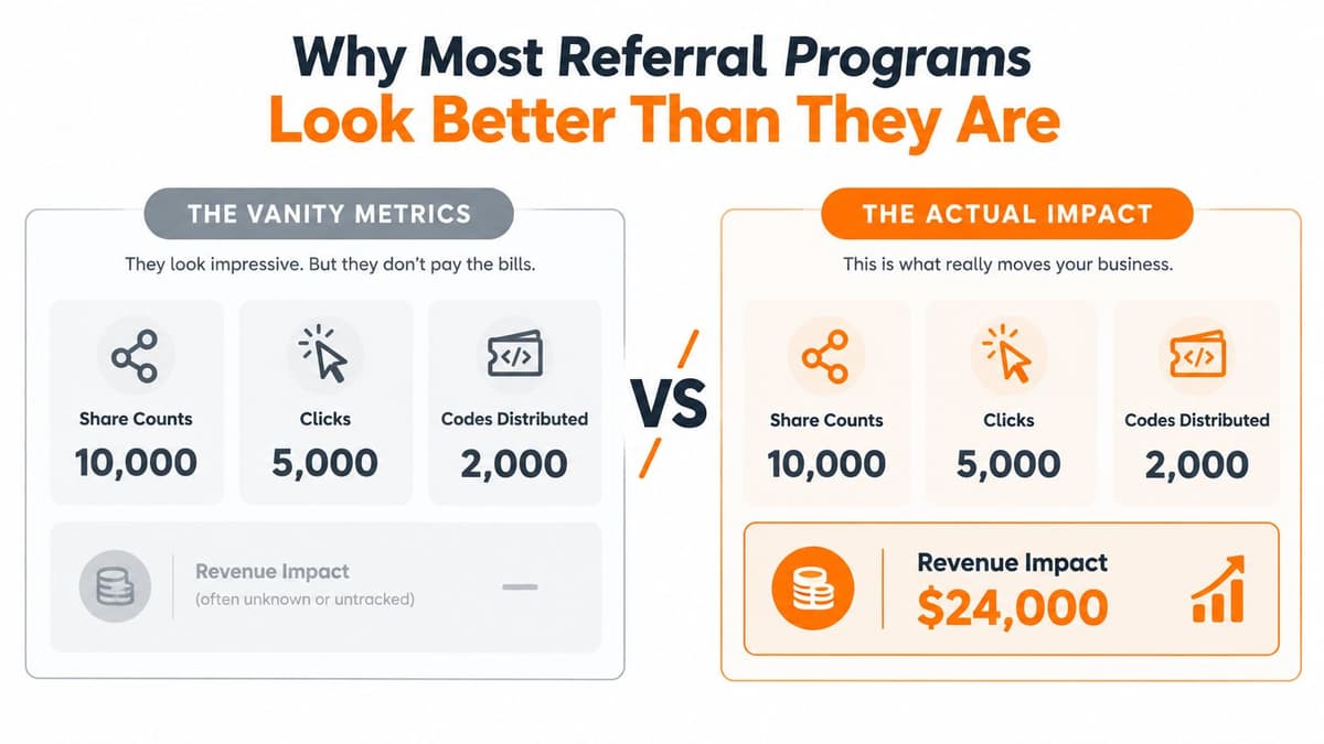 A comparison graphic showing vanity metrics versus actual revenue impact for measuring referral program performance.