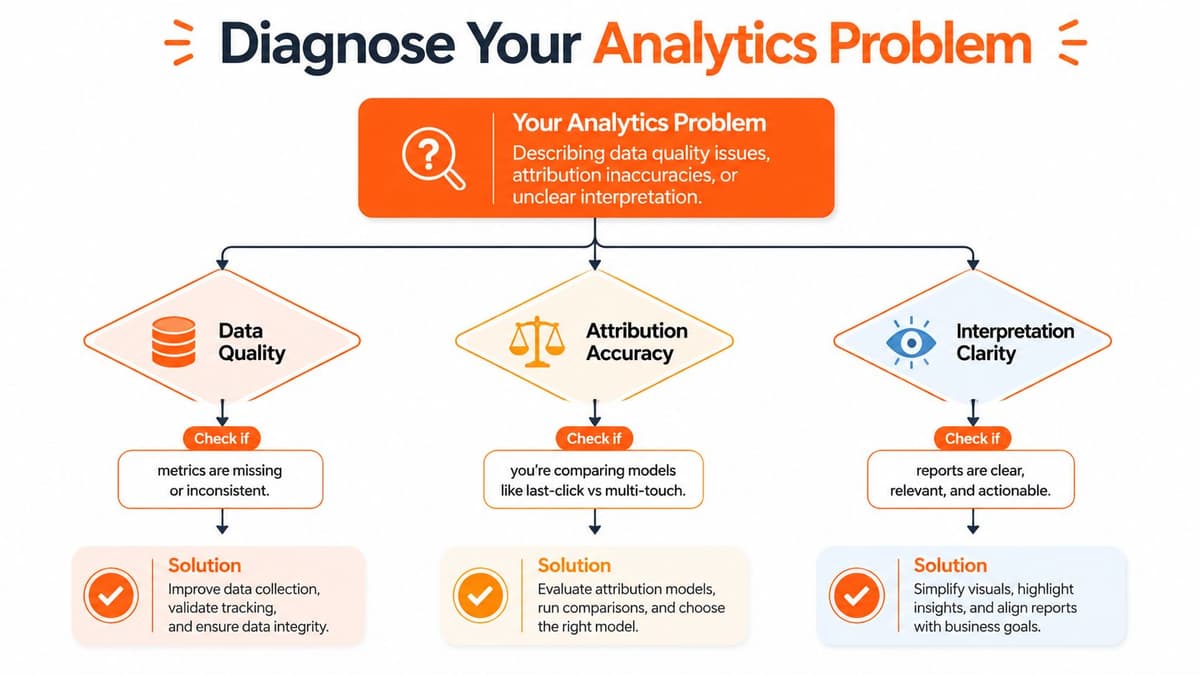 A flowchart diagram helping businesses diagnose common analytics problems regarding data quality, attribution accuracy, and interpretation clarity.