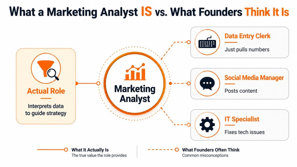 A diagram comparing the actual role of a marketing analyst versus common misconceptions held by founders.
