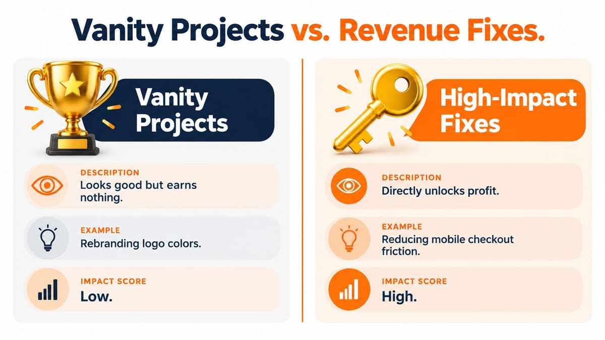 A comparison chart titled Vanity Projects versus Revenue Fixes contrasting low-impact vanity work with high-impact profit strategies.