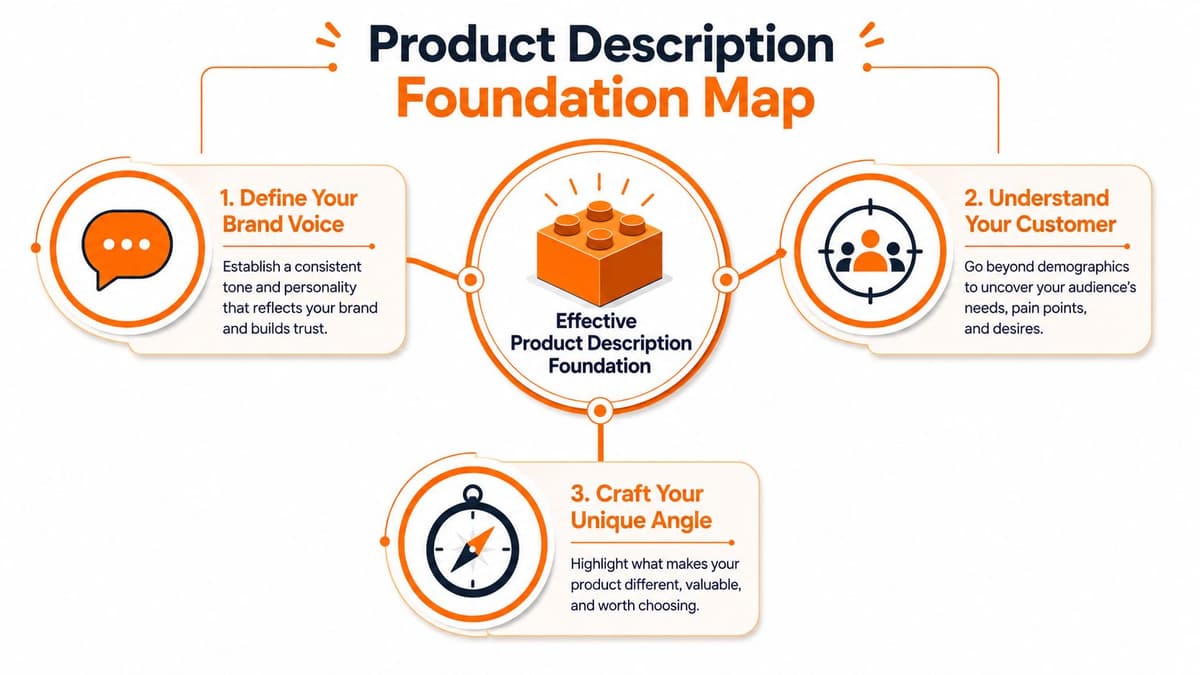 A diagram outlining the three essential pillars of building a strong product description foundation for e-commerce.