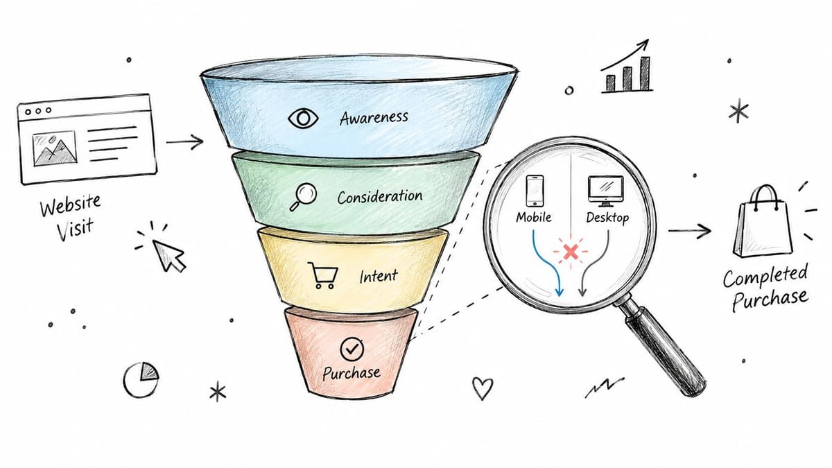 A digital marketing sales funnel illustration showing the customer journey from website visit to completed purchase.