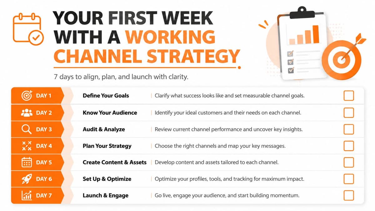 A seven day guide infographic showing a roadmap for developing a successful marketing channel strategy for business.