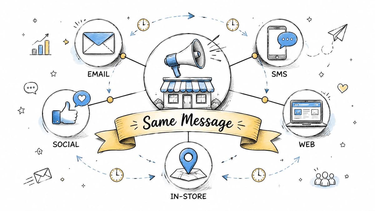 An illustration showing how to deliver the same marketing message across email, SMS, social media, web, and in-store.