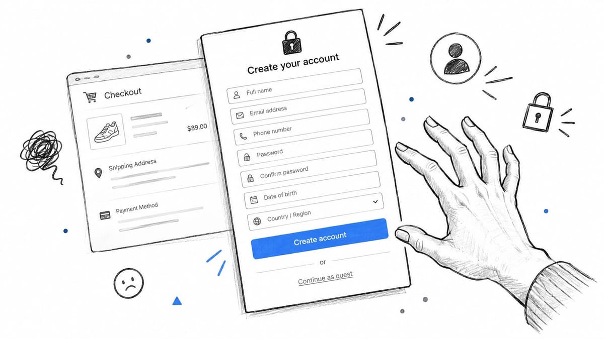 A hand reaches for an account registration form alongside a checkout page, illustrating online shopping challenges.