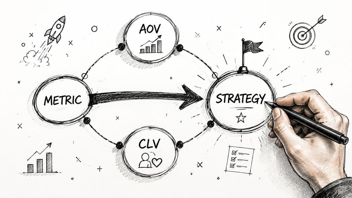 A hand drawing a business strategy diagram connecting metrics like AOV and CLV to a goal.