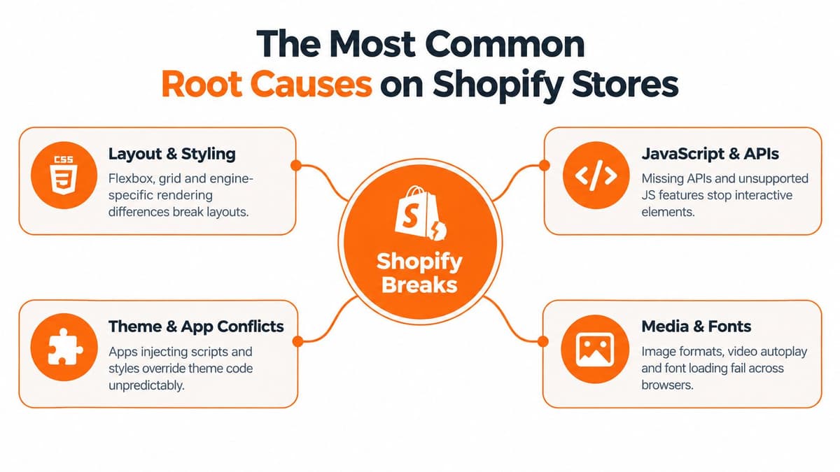 A diagram illustrating the four common root causes of Shopify store breaks: layout, JavaScript, theme conflicts, and media.