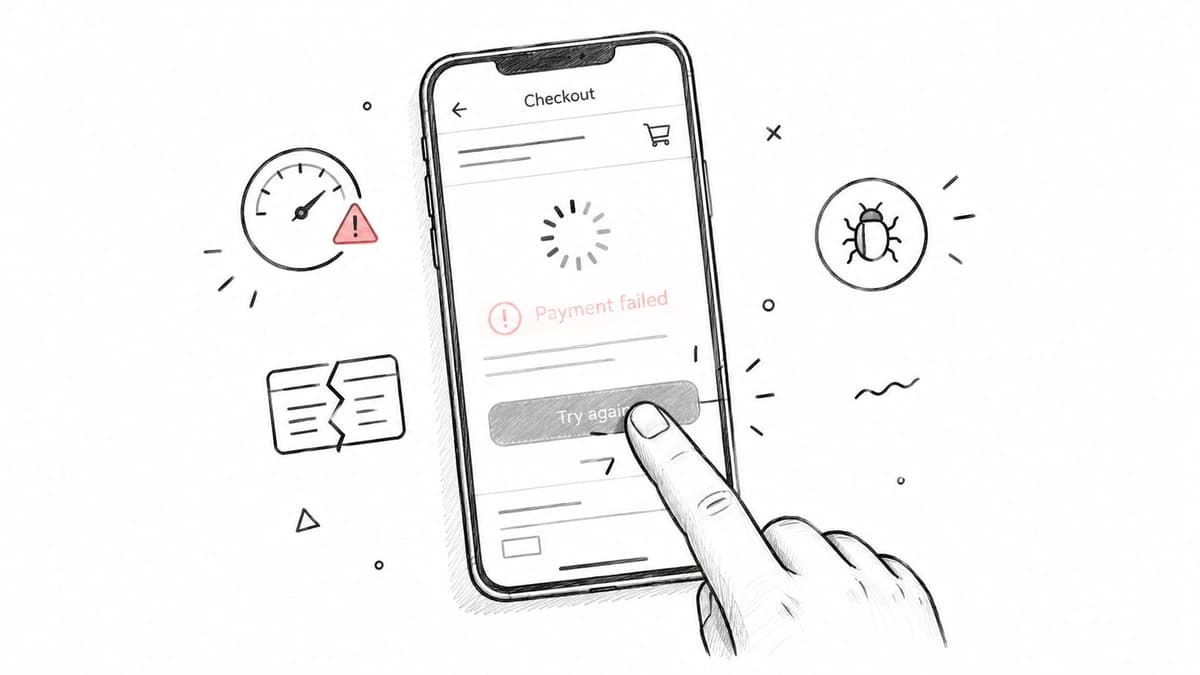 A hand tapping the try again button on a smartphone screen showing a payment failed checkout error.