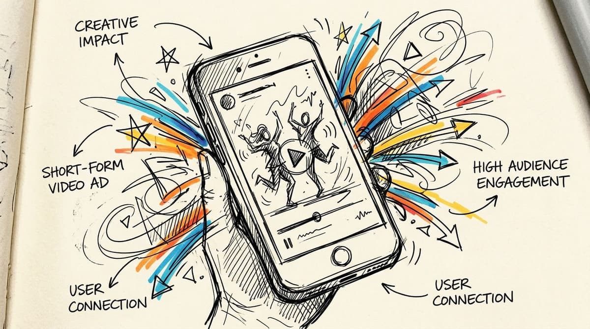 A hand-drawn illustration showing a smartphone screen playing short-form video content with colorful graphic elements and arrows.
