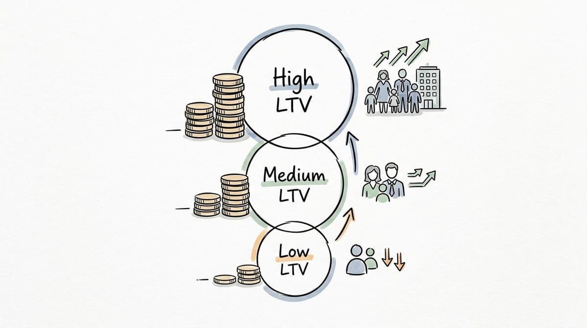 A diagram showing three circular levels of customer lifetime value: High, Medium, and Low, with accompanying icons.