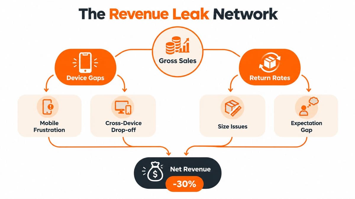 A diagram titled The Revenue Leak Network showing factors like device gaps and return rates reducing net revenue.