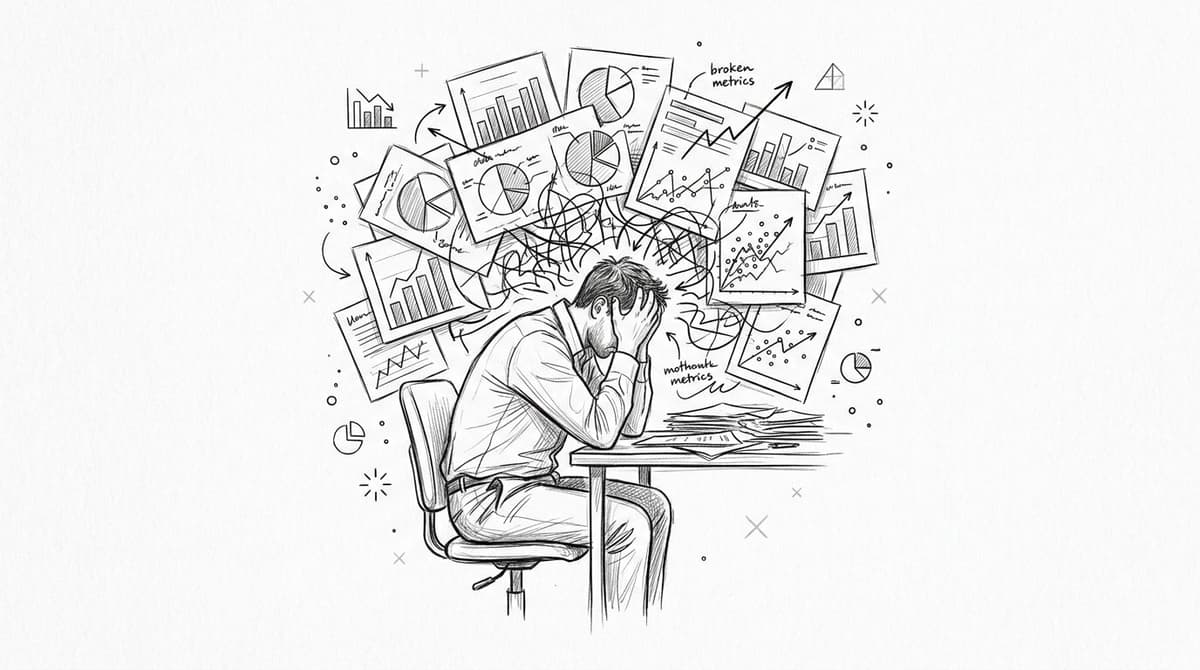 A stressed employee sits at a desk overwhelmed by a chaotic pile of business reports and charts.