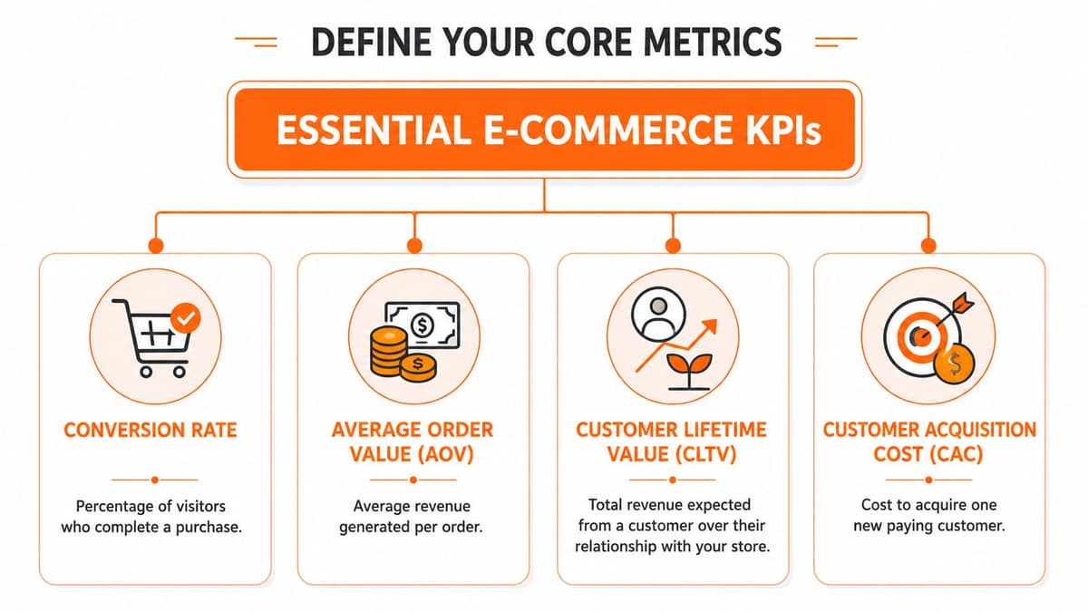 A diagram outlining essential e-commerce KPIs including conversion rate, average order value, customer lifetime value, and acquisition cost.