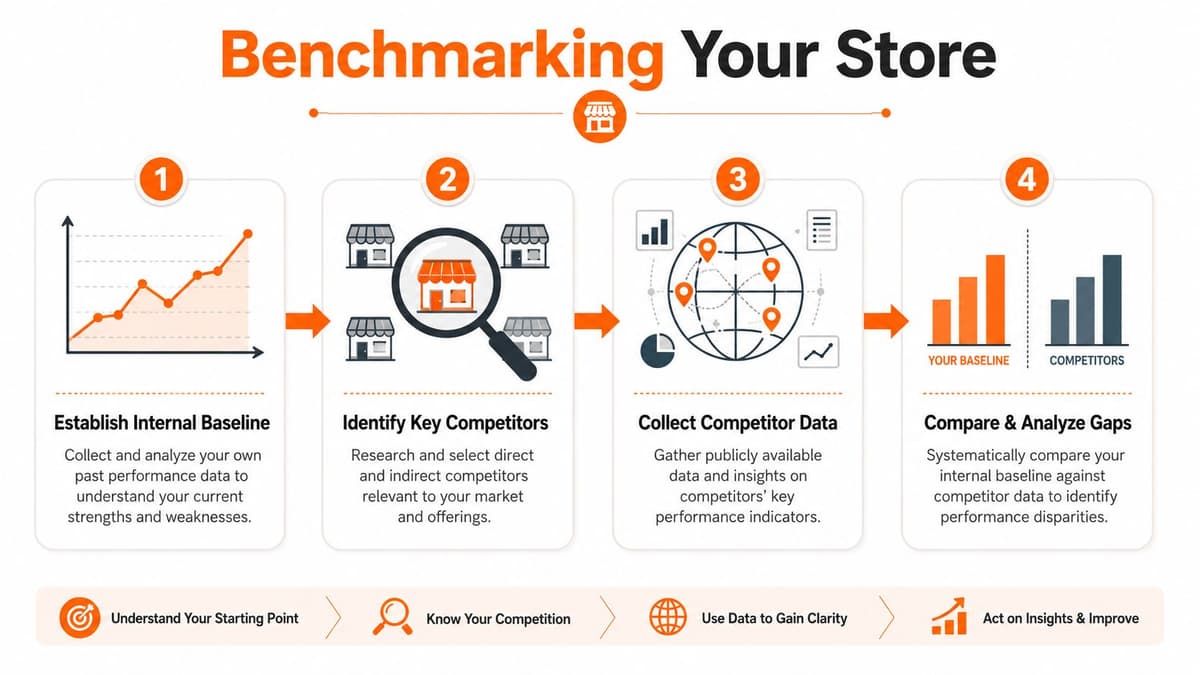 A four-step infographic illustrating the process of benchmarking your store against competitors to improve business performance.